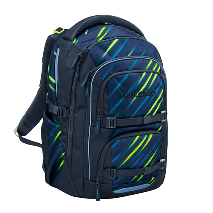 Schulrucksack COOCAZOO PORTER in Blau mit grünen Streifen, seitliche Ansicht.