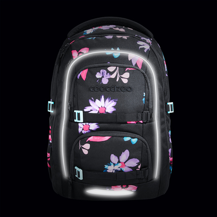 Schwarzer Schulrucksack mit floralem Design und reflektierenden Streifen.