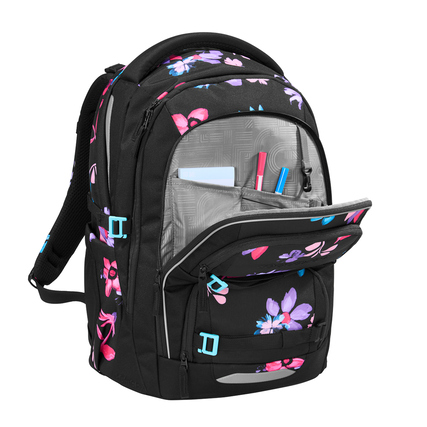 Schulrucksack COOCAZOO PORTER Floral Artnight mit geöffneter Fronttasche und buntem Design.