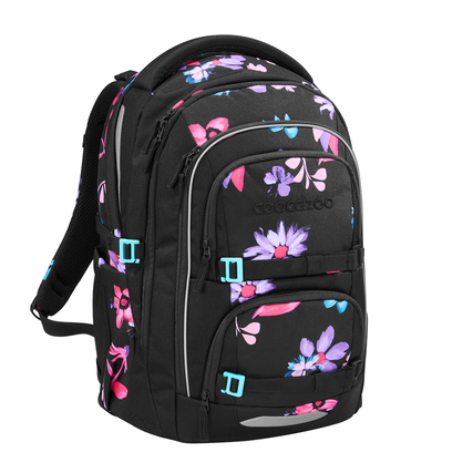 Schwarzer Schulrucksack mit floralem Design, mehreren Fächern und ergonomischem Rückenpolster.