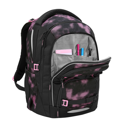 Schulrucksack COOCAZOO PORTER in Pink mit offenem Frontfach und Inhalt.