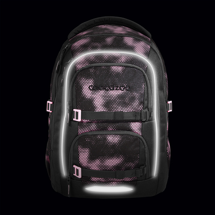 Schulrucksack PORTER von COOCAZOO in Pink mit reflektierenden Elementen und Kompressionsriemen.