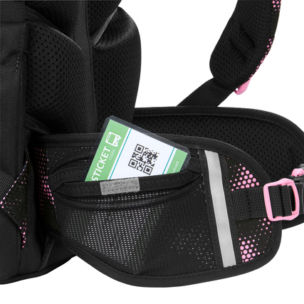 Schulrucksack mit Organizerfach und Sichtfenster für Fahrkarte am Hüftgurt in Schwarz und Pink.