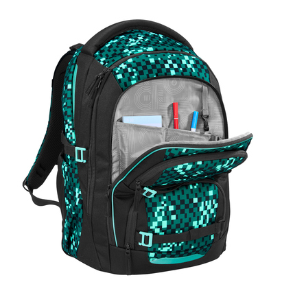 Schulrucksack COOCAZOO PORTER Pixel Blox in geöffneter Ansicht mit Inhalt und Dekoration.
