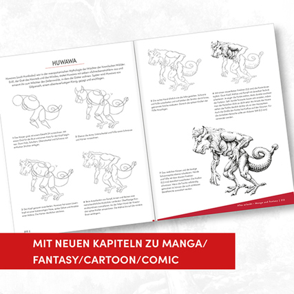 Zeichenbuch mit Schritt-für-Schritt-Anleitungen zu Manga, Fantasy, Comic und Tierzeichnungen.