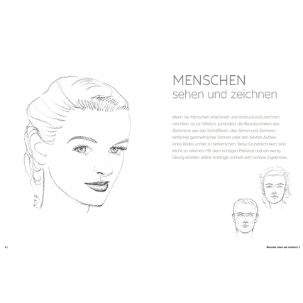 Zeichenbuchseite mit Skizze eines menschlichen Kopfes und Anleitung zum Zeichnen von Menschen.