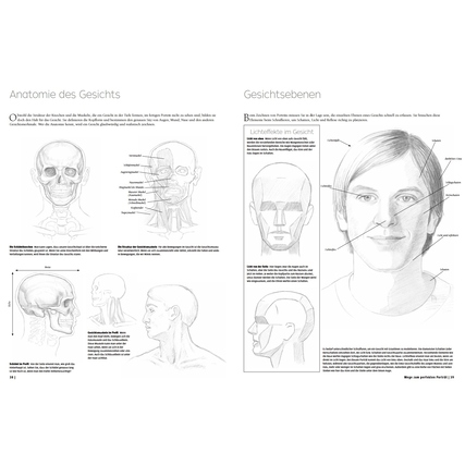 Illustration von Gesichtsanatomie und -seitenansichten aus dem Zeichnen-Buch über Menschen.
