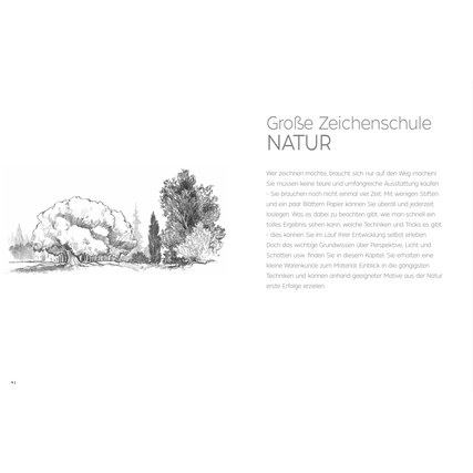 Zeichenbuch mit Übungsbeispielen und Schritt-für-Schritt-Anleitungen zum Zeichnen von Naturmotiven.