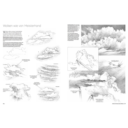 Zeichenbuch mit Übungen zum Zeichnen von Naturmotiven, zeigt Wolken und Zeichentechniken.