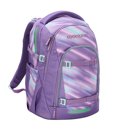 Schulrucksack MATE von COOCAZOO in lila mit diagonalen Streifen und mehreren Fächern.