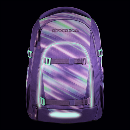 Schulrucksack MATE von COOCAZOO in lila mit diagonalen Streifen und verschiedenen Fächern.