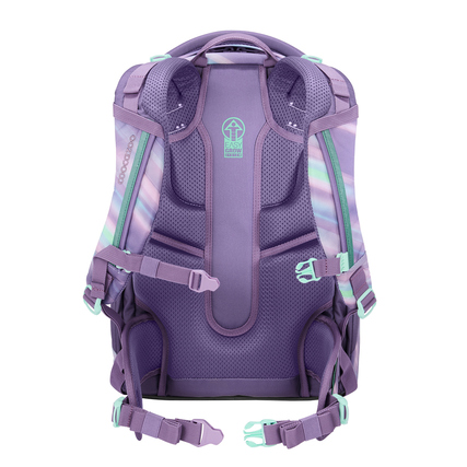 Geräumiger Schulrucksack in lila mit ergonomischem Rückenpolster und Einstellmechanismen.