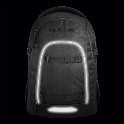 Schwarzer Schulrucksack mit reflektierenden Elementen und verstellbaren Gurtbändern.