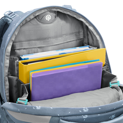 Innenansicht eines COOCAZOO Schulrucksacks MATE mit Dokumenten und Heften in den Fächern.