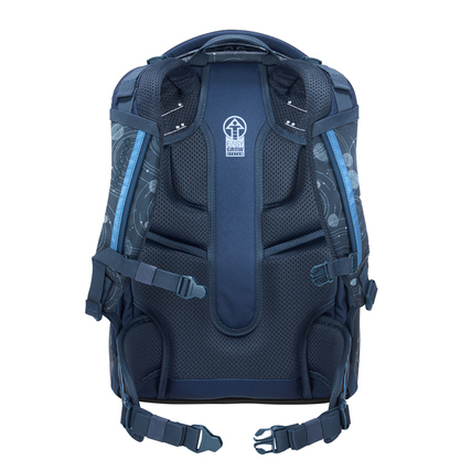 Schulrucksack COOCAZOO MATE Blue Orbit in Rückansicht mit ergonomischen Tragepolstern und Riemen.