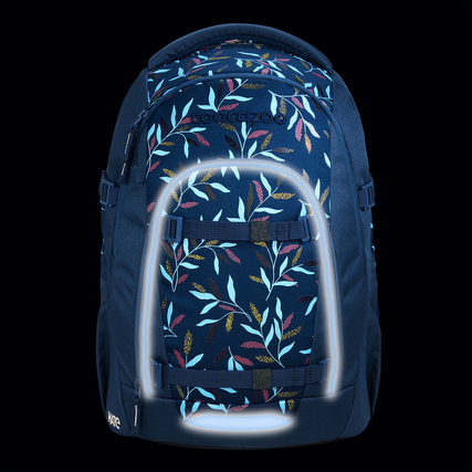 Schulrucksack MATE von COOCAZOO in dunkelblau mit Pflanzenmuster und reflektierenden Elementen.