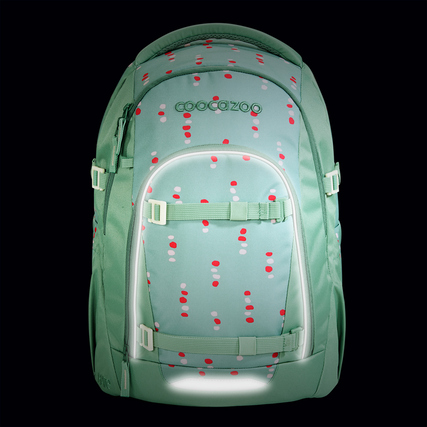 Schulrucksack COOCAZOO MATE in mintgrün mit bunten Punkten und reflektierenden Flächen.
