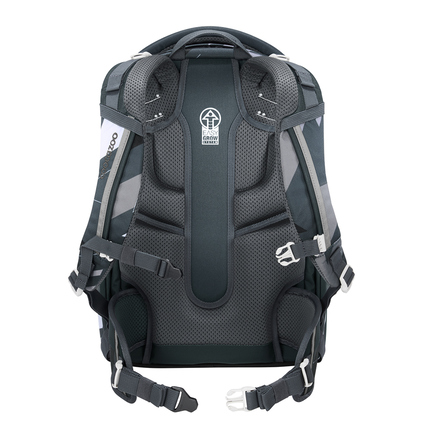 Schulrucksack COOCAZOO MATE in Dark Race, Rückansicht mit ergonomischen Trageriemen und Polsterung.