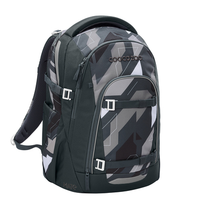 Schulrucksack COOCAZOO MATE in dunklem grafischem Design mit mehreren Fächern.