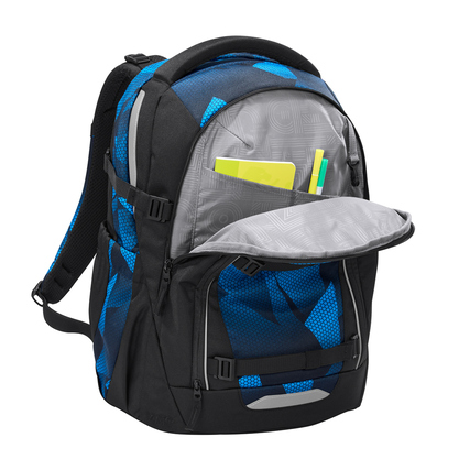 Schulrucksack COOCAZOO MATE in Blau, geöffnet mit Sicht auf Inhalt und Fächern.