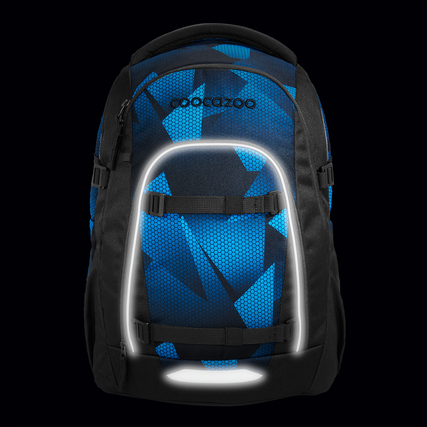 Schulrucksack MATE von COOCAZOO in blau mit geometrischem Muster und reflektierenden Elementen.