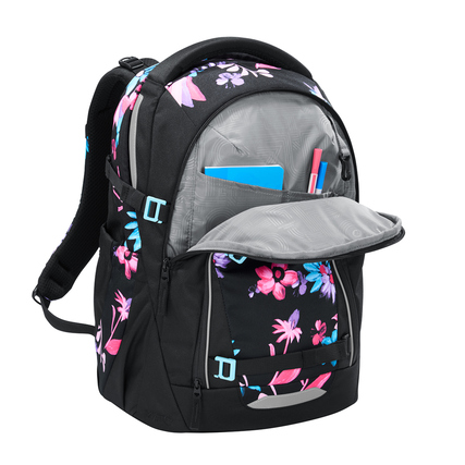 Schulrucksack COOCAZOO MATE Floral Artnight in Seitenansicht, mit geöffnetem Hauptfach und Inhalt.