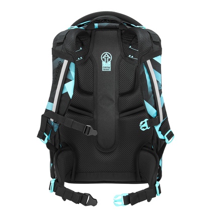 Rucksack mit ergonomischem Rückenpolster und verstellbaren Schulterträgern in Schwarz und Blau.