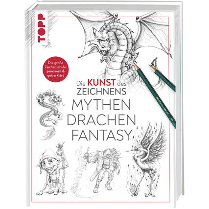Zeichenbuch mit Drachen und Fantasy-Figuren in Schwarz-Weiß-Illustrationen und Buntstiften.