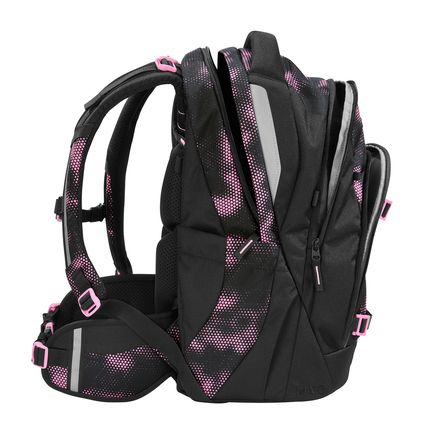 Schulrucksack MATE von COOCAZOO in schwarzem und pinkem Design, seitliche Ansicht.