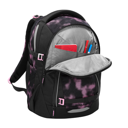 Schulrucksack COOCAZOO MATE in Pink Illusion, geöffnet mit Sicht auf Fächer und Inhalt.