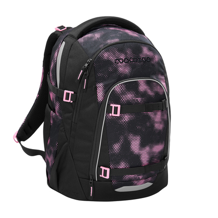 Schwarzer Schulrucksack mit pinken Akzenten und reflektierenden Flächen in seitlicher Ansicht.