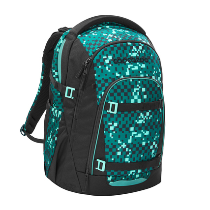 Schulrucksack MATE von COOCAZOO in grün-schwarzem Pixel-Design, mit ergonomischen Trägern.
