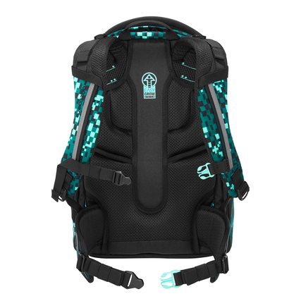 Schulrucksack MATE von COOCAZOO in Schwarz mit bunten Pixelmotiven und ergonomischem Rückenpolster.