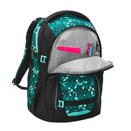COOCAZOO Schulrucksack MATE Pixel Blox mit geöffnetem Hauptfach und Inhalt.