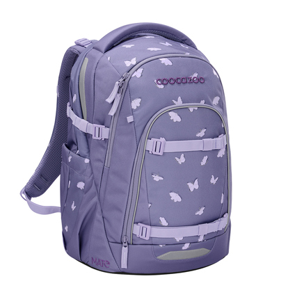 Schulrucksack COOCAZOO MATE in lila mit Schmetterlingsmuster und mehreren Fächern.