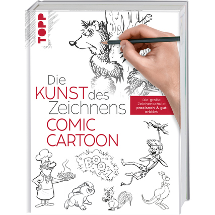 Zeichenbuch mit Illustrationen von Comicfiguren und handhaltendem Bleistift, Titel oben sichtbar.