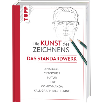 Produktbild eines Zeichenbuchs mit rotem Einband und Stiften, Titel „Die Kunst des Zeichnens“.