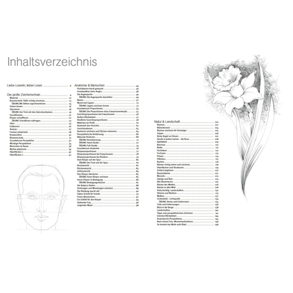 Inhalt und Skizze einer Blume aus dem Zeichenbuch "Die Kunst des Zeichnens".
