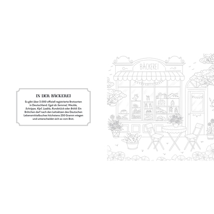 Illustration einer Bäckerei mit Tischen und Pflanzen, begleitet von Hintergrundtext.