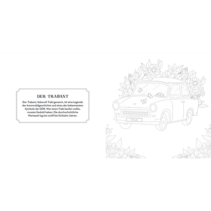 Ausmalbild eines Trabants umgeben von Blumen mit erklärendem Text.