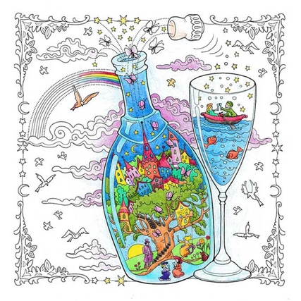 Ausmalbild eines Glases mit fantastischen Miniaturwelten und bunten Szenen in einer Flasche.