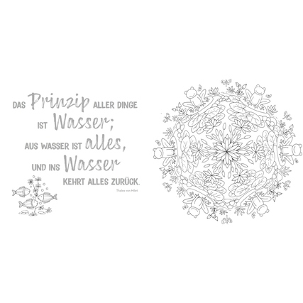 Malbuch mit Mandala-Design und inspirierendem Spruch über Wasser auf der linken Seite.