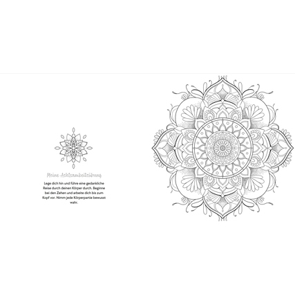 Ausmalbild mit Mandala und begleitendem Text für kreative Entspannung im Malbuch.