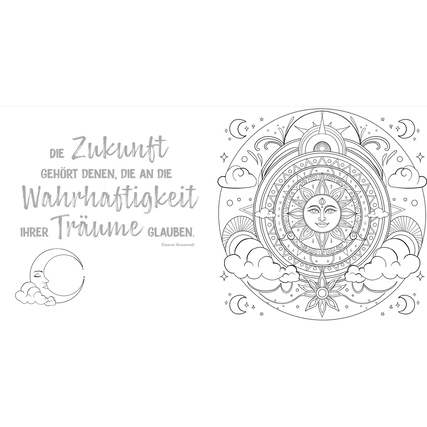 Ausmalbuch-Seite mit Mandalas und inspirierendem Spruch auf der linken Seite.
