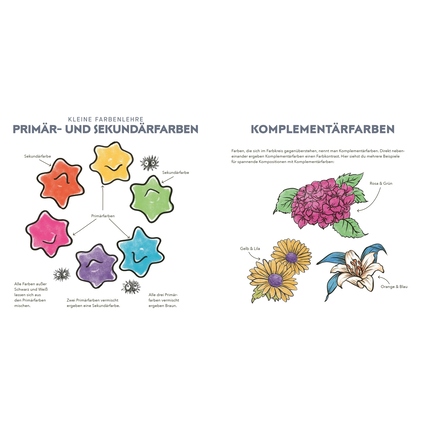Produktbild eines Malbuchs mit Farbtheorie, einschließlich Farbdarstellungen und Illustrationen.
