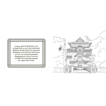 Ausmalbuch mit einer Abb. eines traditionellen japanischen Badehauses und einer Einführung.