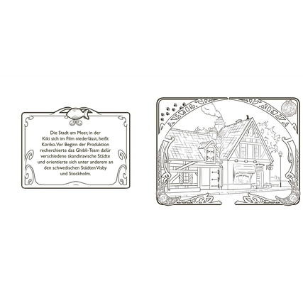 Ausmalbild eines Ghibli-Hauses mit Begleittext und Details zur Filmreihe.