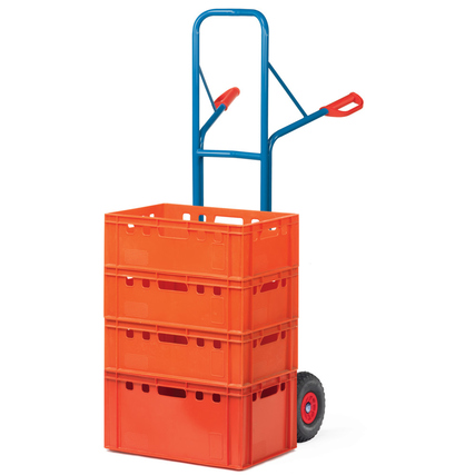 Stahlrohr-Sackkarre mit drei orangefarbigen Behältern und pannensicheren Rädern.