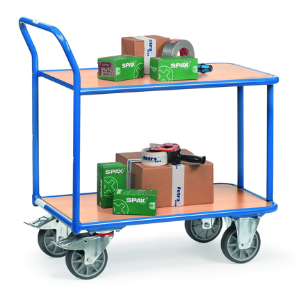 Transportwagen mit zwei Böden, beladen mit Paketen und Werkzeugen.