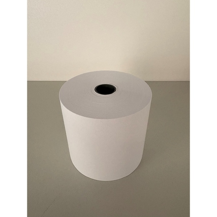 Rollenschnitt aus weißem Papier mit einem Durchmesser von 57 mm und einer Länge von 40 m.